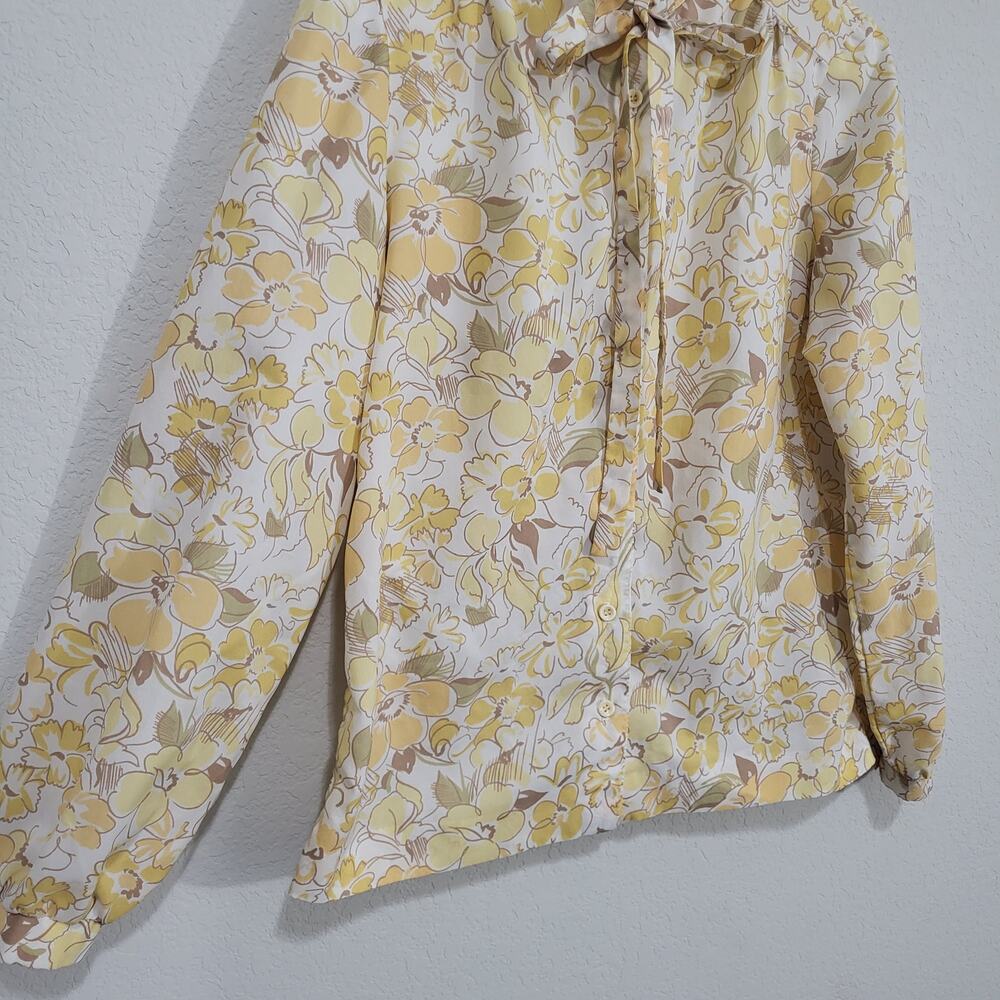 ACT III Vintage Blouse Women's Size Medium Butter Yellow Floral Bow Neckline - Picture 10 of 16